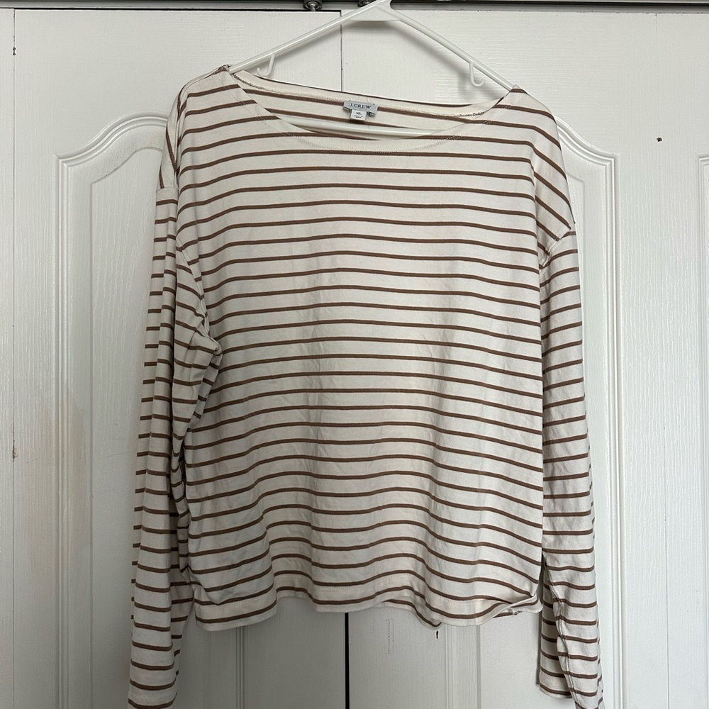 J. Crew Cream and Brown Striped Long Sleeve Tee